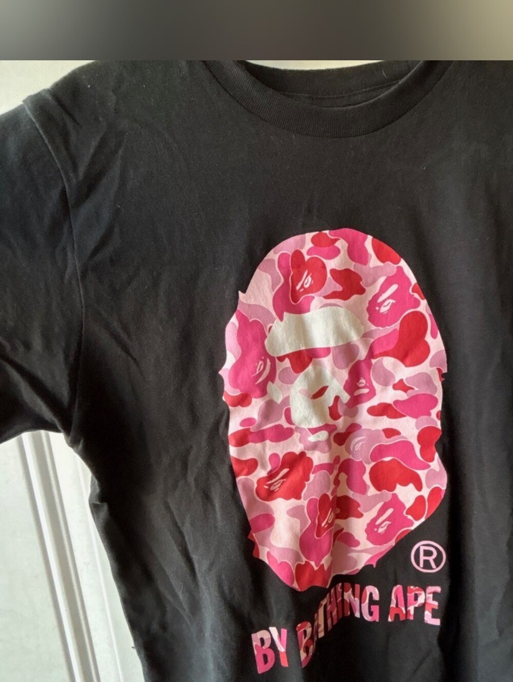 Bape Kids Black Tee with Pink Camo Ape Head